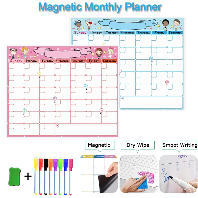

Magnetic Weekly Monthly Planner Calendar Dry Erase Board Whiteboard for Kids Memo Message Fridge Sticker Erasable Magnet Markers