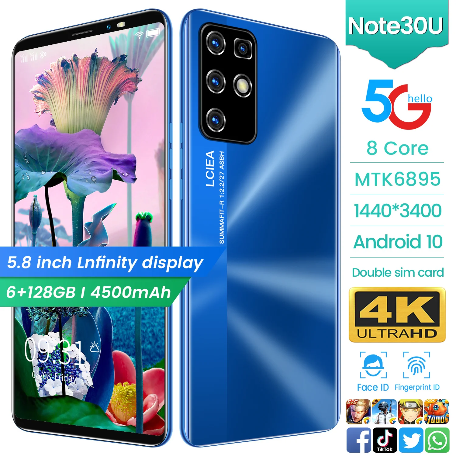 Global Version Note30U 5.8 inch 6GB+128GB MTK6895 8-Core Andriod10 18+21MP Camera Dual SIM Face Unlock 5G Phone New Arrival
Global Version Note30U 5.8 inch 6GB+128GB MTK6895 8-Core Andriod10 18+21MP Camera Dual SIM Face Unlock 5G Phone New Arrival