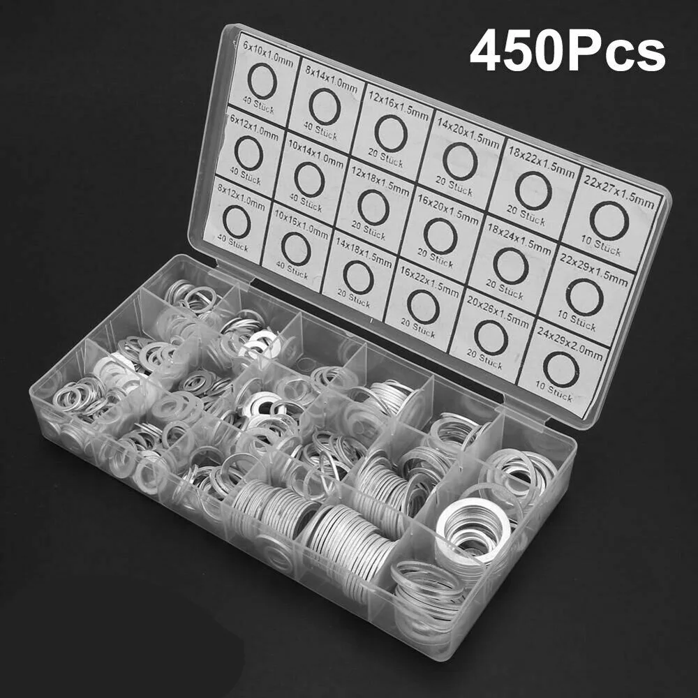 450pcs Oil Drain Plug Aluminum Washer Gasket Wear Resistant With Plastic Box Used For The Machine With Vibration Load
450pcs Oil Drain Plug Aluminum Washer Gasket Wear Resistant With Plastic Box Used For The Machine With Vibration Load