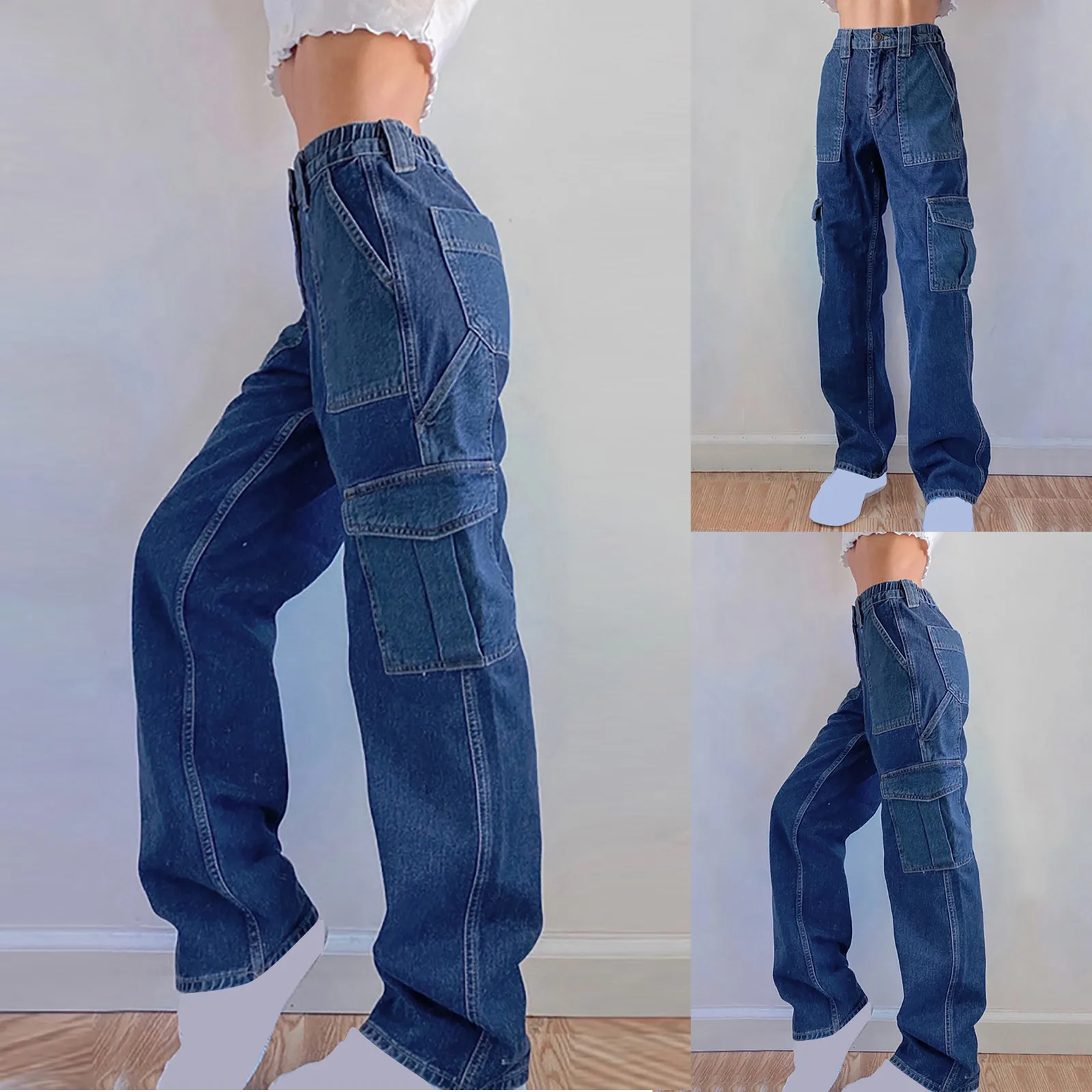 

Женские брюки с высокой талией, потертые темные джинсы с несколькими карманами, штаны с завышенной талией, яркие широкие облегающие джинсы ...