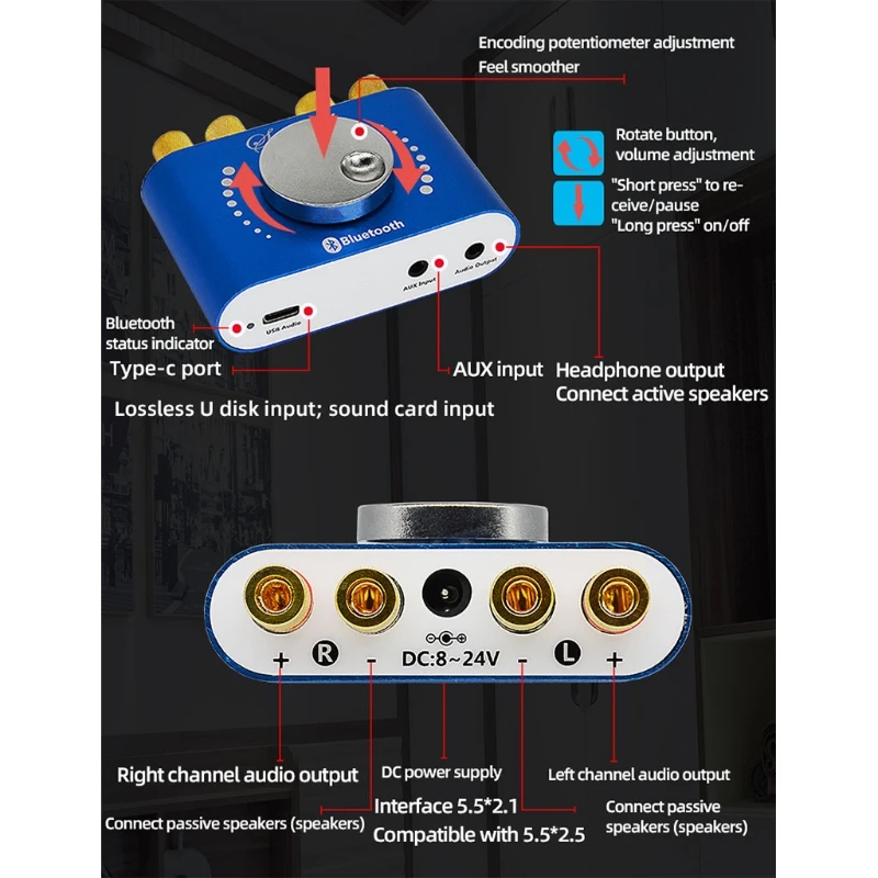 Мини-усилитель мощности Bluetooth беспроводной аудиоприемник с источником питания 12