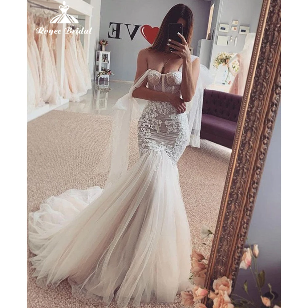 

Sexy Mermaid Wedding Dresses 2022 Bridal Gowns Sweetheart Spaghetti Straps Sweep Backless Netting Floor-Length Appliques Lace