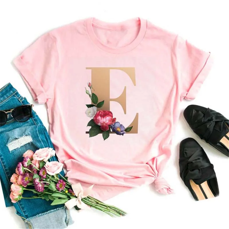 Pink Vogue 26 Alphabet Letter Women T-shirt Girl A To Z Alphabet Combination Flowers Short Sleeve Casual Korean Style Tops 
Pink Vogue 26 Alphabet Letter Women T-shirt Girl A To Z Alphabet Combination Flowers Short Sleeve Casual Korean Style Tops