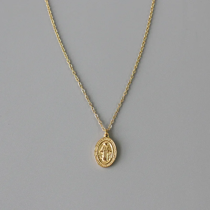 

Amaiyllis 18k Gold Virgin Mary Double Side Oval Clavicle Necklace Pendant Handmade Choker Boho Collier Femme Collares Jewelry