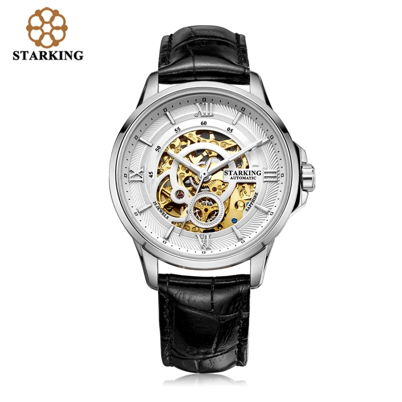 

STARKING BLACK STRAP MALE Skeleton Automatic Mechanical Watches Luxury Famous Brand Stainless Steel Sapphire Wrist Watch 50M WR