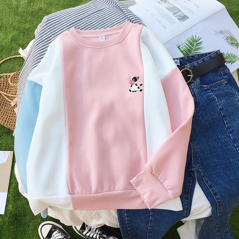 Autumn Winter Fleece Hoodies Sweatshirt Women Streetwear Harajuku Kawaii Dairy Cattle Cartoon Print Spell Color Spliced Pullover
Autumn Winter Fleece Hoodies Sweatshirt Women Streetwear Harajuku Kawaii Dairy Cattle Cartoon Print Spell Color Spliced Pullover