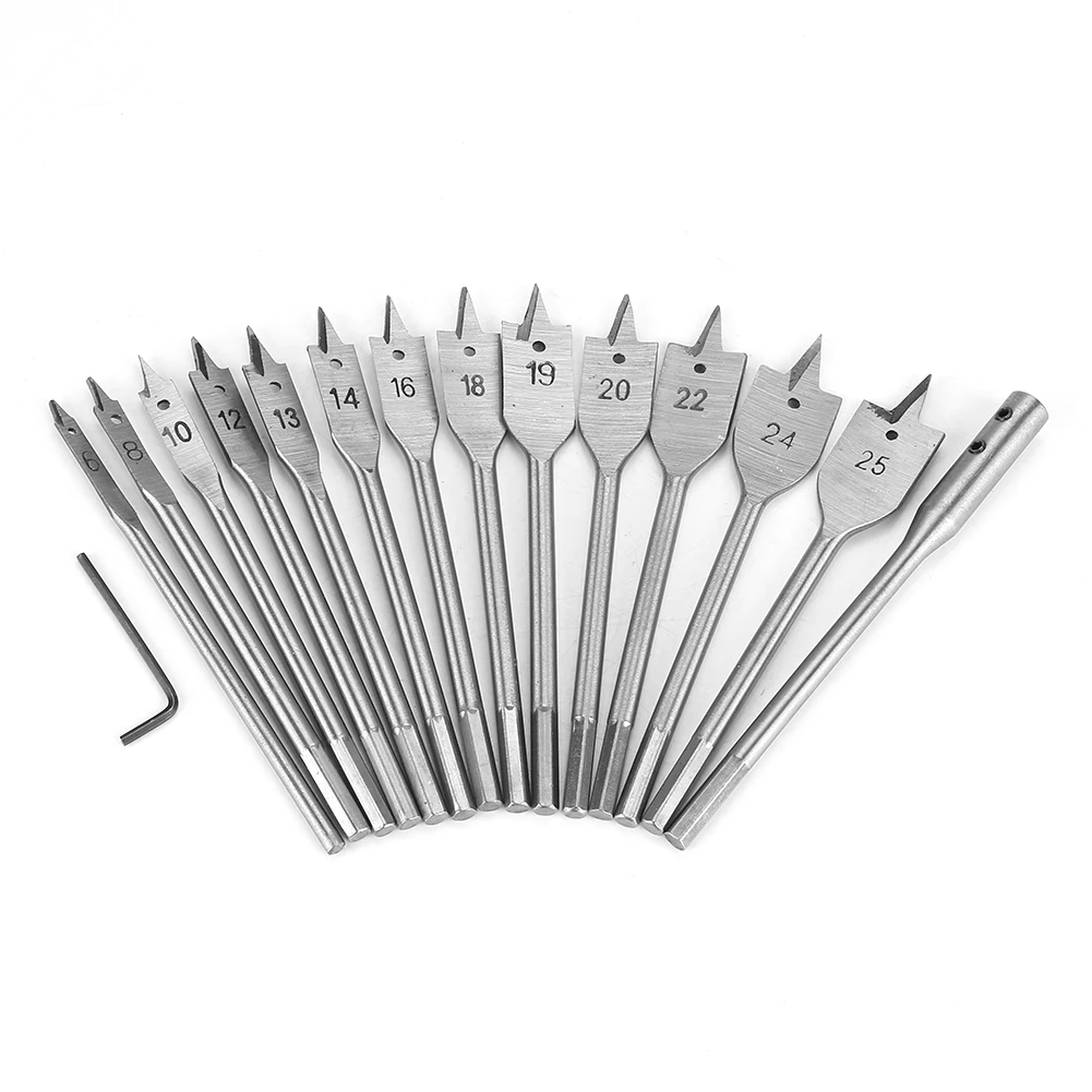 15pcs Carbon Steel Hex Shank Spade Flat Wood Drill Bit Set 6-25mm for Wood Drilling Power Tools
15pcs Carbon Steel Hex Shank Spade Flat Wood Drill Bit Set 6-25mm for Wood Drilling Power Tools