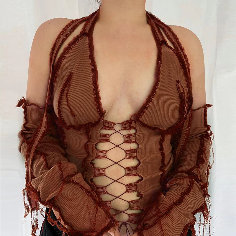 Reverse Side Chest Strap Halter Bandage Independent Long Sleeve T-Shirt Personality Fashion
Reverse Side Chest Strap Halter Bandage Independent Long Sleeve T-Shirt Personality Fashion
