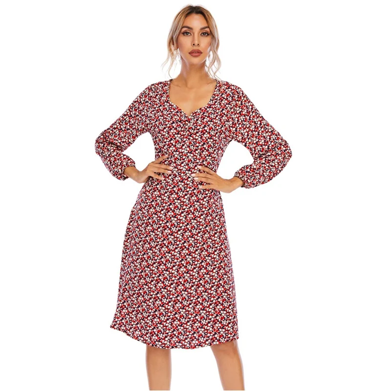 Dress Women Ladies Spring High Waist Dress Sexy V-Neck Floral Printed Long Sleeve Mid-Length Dress Femme vestido de mujer
Dress Women Ladies Spring High Waist Dress Sexy V-Neck Floral Printed Long Sleeve Mid-Length Dress Femme vestido de mujer