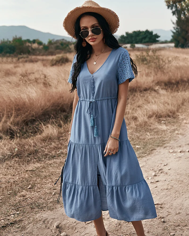 Женское винтажное платье с рюшами, повседневное ажурное платье миди с V-образным вырезом и завязками, праздничное платье, лето 2021 
Женское винтажное платье с рюшами, повседневное ажурное платье миди с V-образным вырезом и завязками, праздничное платье, лето 2021