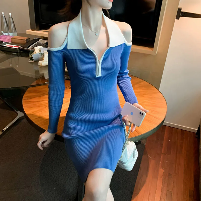Spring autumn Korean Fashion Chic Knit Sweater Dress Women Elegant Sexy Strapless Slim Evening Party Polo Halterneck Mini Dress 
Spring autumn Korean Fashion Chic Knit Sweater Dress Women Elegant Sexy Strapless Slim Evening Party Polo Halterneck Mini Dress