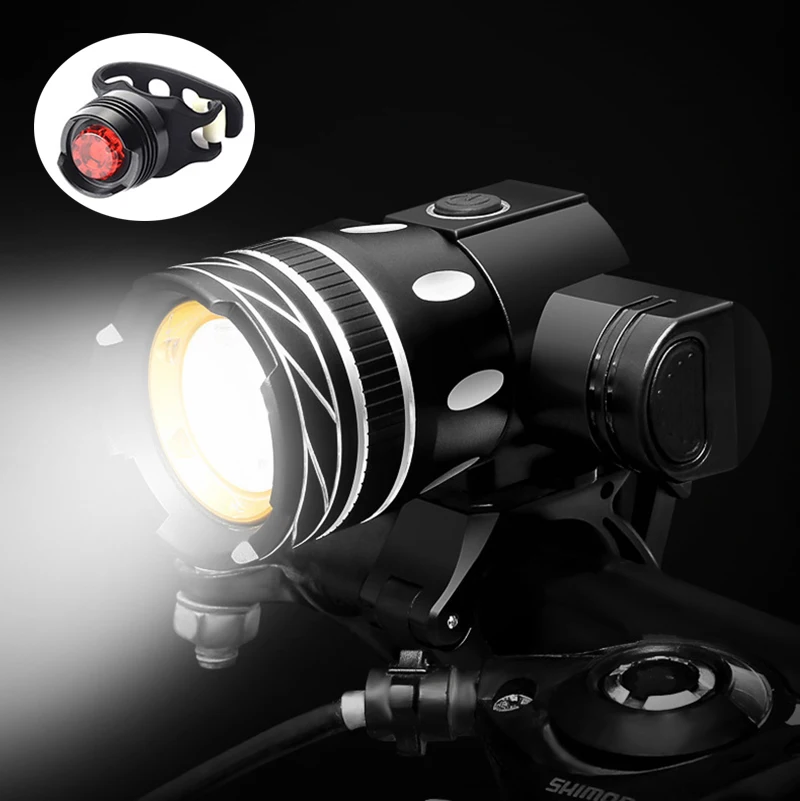 Bicycle Light Set T6 LED Light USB Rechargeable Battery Adjustable Zoom Bike Front Headlight Cycling Lamp with Taillight
Bicycle Light Set T6 LED Light USB Rechargeable Battery Adjustable Zoom Bike Front Headlight Cycling Lamp with Taillight