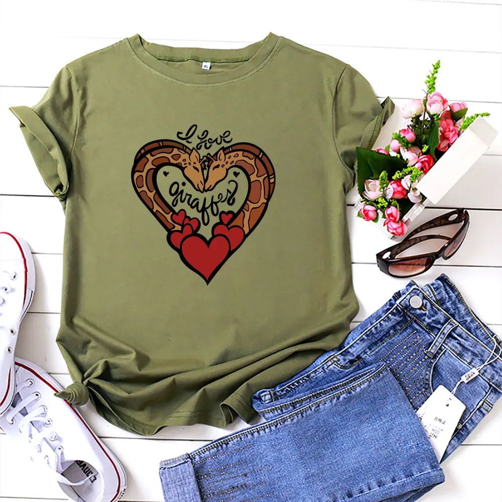 2021 Oversized Women's T-shirt Giraffe Love Print Shirt Pattern O-neck Short-sleeved T-shirt Summer T-shirt 100% Cotton Women
2021 Oversized Women's T-shirt Giraffe Love Print Shirt Pattern O-neck Short-sleeved T-shirt Summer T-shirt 100% Cotton Women