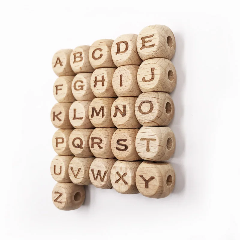 

26pcs Square Beads Alphabet Letter Number Beech Wooden A-Z Letters Wood Spacer Beads For Baby Teether Pacifier Clip DIY Jewelry