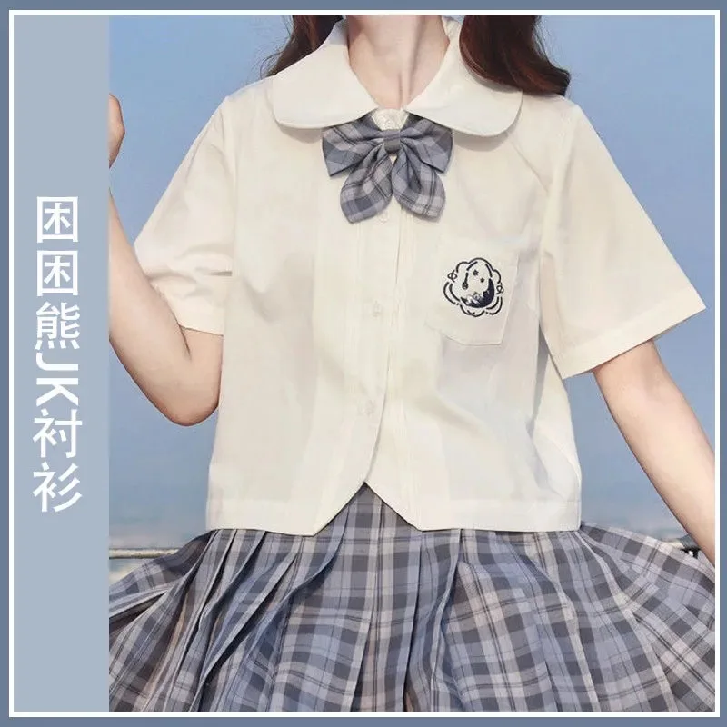 Summer Kawaii Blouses Women JK Shirt Short Sleeve Solid White Tops Japanese Sweet Sleepy Bear Embroidered Shirts Lapel Blusas
Summer Kawaii Blouses Women JK Shirt Short Sleeve Solid White Tops Japanese Sweet Sleepy Bear Embroidered Shirts Lapel Blusas