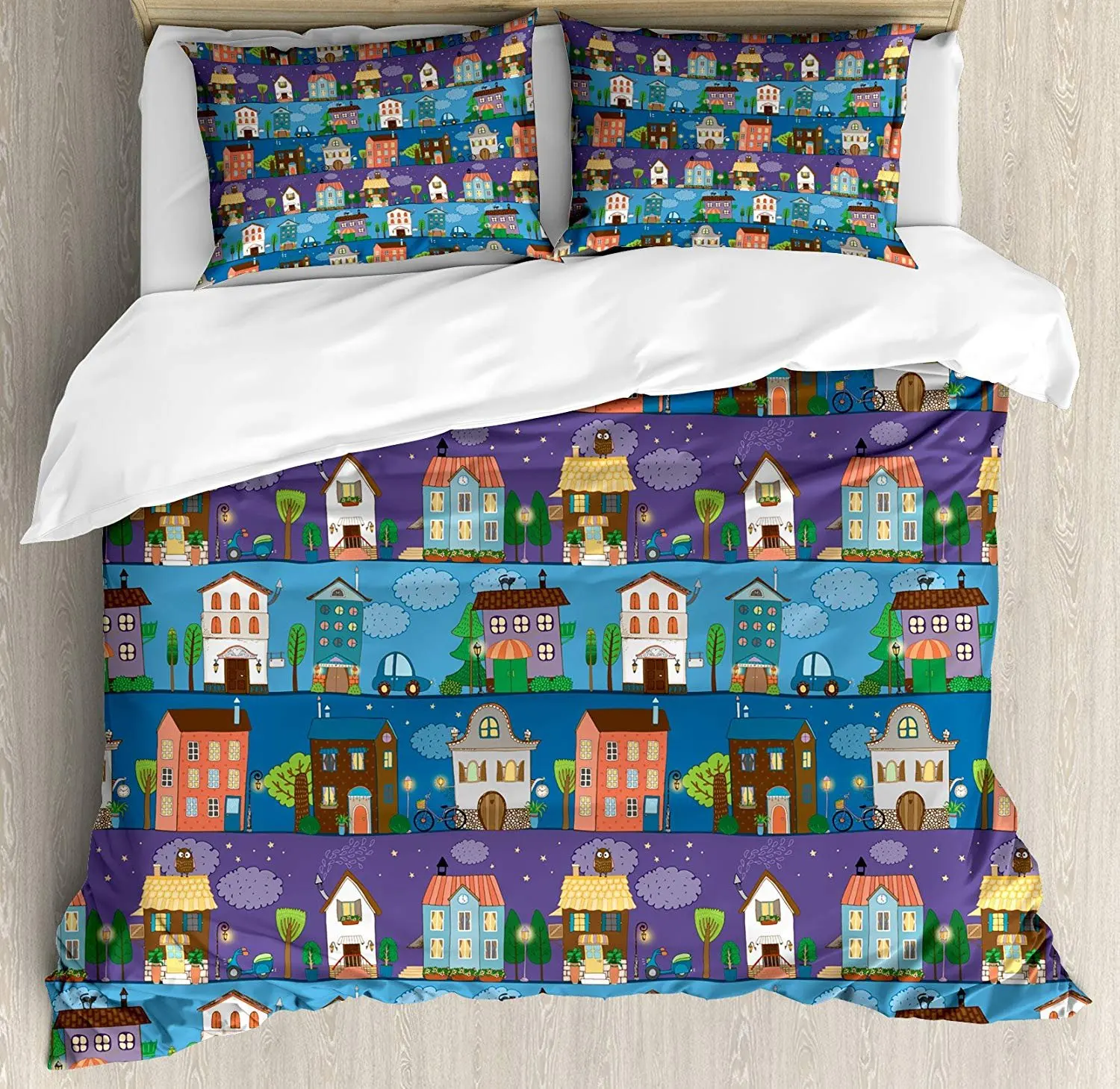 Urban Bedding Set Hand Drawn Style Colorful Townhouses City Architecture Twilight Trees Cars and Owls Duvet Cover Set Pillowcase 
Urban Bedding Set Hand Drawn Style Colorful Townhouses City Architecture Twilight Trees Cars and Owls Duvet Cover Set Pillowcase