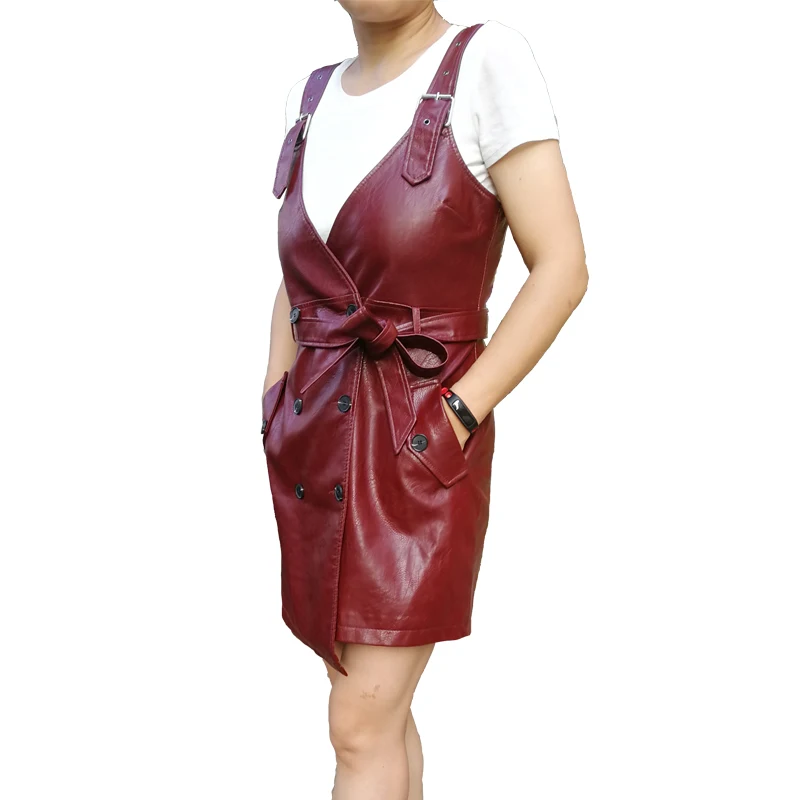 Women Spring autumn PU faux leather dress deep V Neck belt Mini length back zipper S-XL 4colors irregular drop shipping | Женская одежда