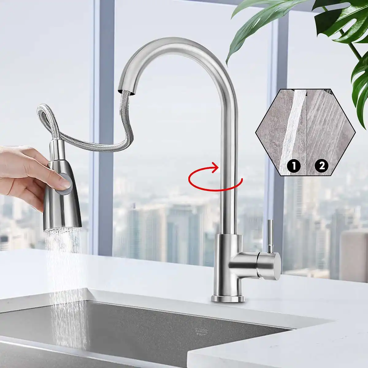 Stainless Steel Pull Out Sprayer Head Kitchen Sink Faucet 360 Rotation Two Water Spray Mode Single Handle Cold And Hot Mixer Tap
Stainless Steel Pull Out Sprayer Head Kitchen Sink Faucet 360 Rotation Two Water Spray Mode Single Handle Cold And Hot Mixer Tap