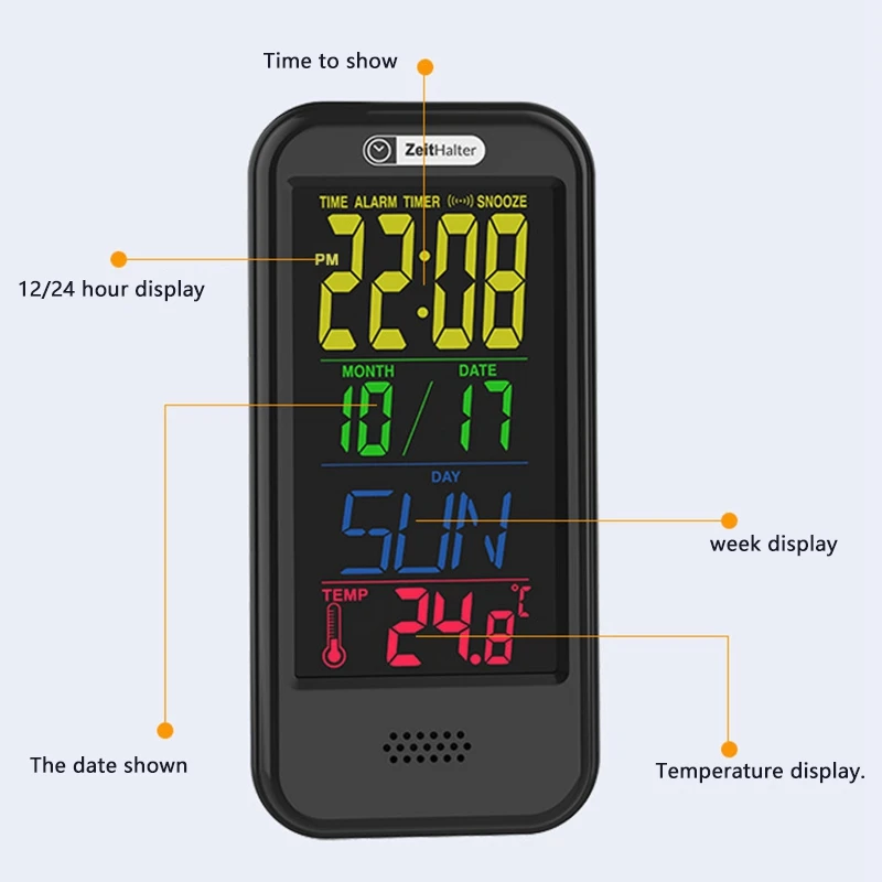 Alarm Clock Colorful LED Digital Display Clock Time Temperature Humidity Clock Calendar Countdown Clock Table Clock Snooze Mode
Alarm Clock Colorful LED Digital Display Clock Time Temperature Humidity Clock Calendar Countdown Clock Table Clock Snooze Mode