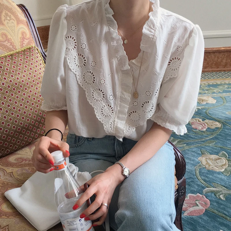 Korean Chic Sweet V Neck Lace Hollow Shirt Woman Summer Short Sleeve Ruffled White Blouse Women Clothing Office Lady Tops 14366
Korean Chic Sweet V Neck Lace Hollow Shirt Woman Summer Short Sleeve Ruffled White Blouse Women Clothing Office Lady Tops 14366