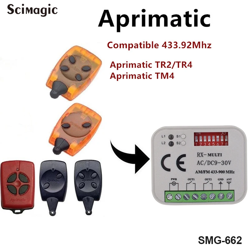 Scimagic General command transmitter clone 433.92mhz Aprimatic TR2/TR4/TM4 AC/DC 9-30V remote switch garage door remote control
Scimagic General command transmitter clone 433.92mhz Aprimatic TR2/TR4/TM4 AC/DC 9-30V remote switch garage door remote control