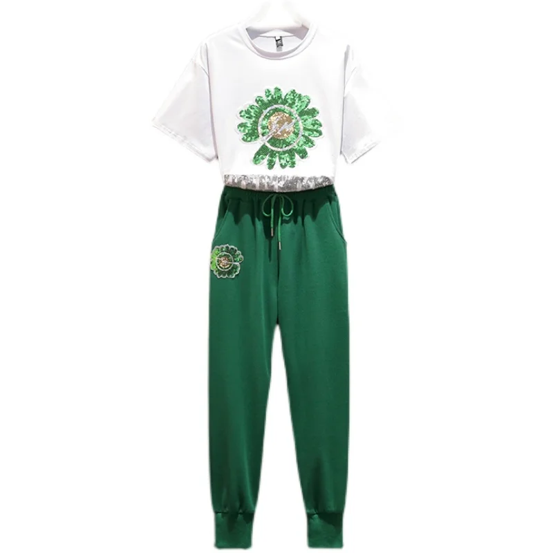 2021 Summer Two-Piece Sets For Women Floral Sequins Patchwork O-Neck T-Shirt + Elastic Waist Drawstring Pants Suit Female Outfit
2021 Summer Two-Piece Sets For Women Floral Sequins Patchwork O-Neck T-Shirt + Elastic Waist Drawstring Pants Suit Female Outfit