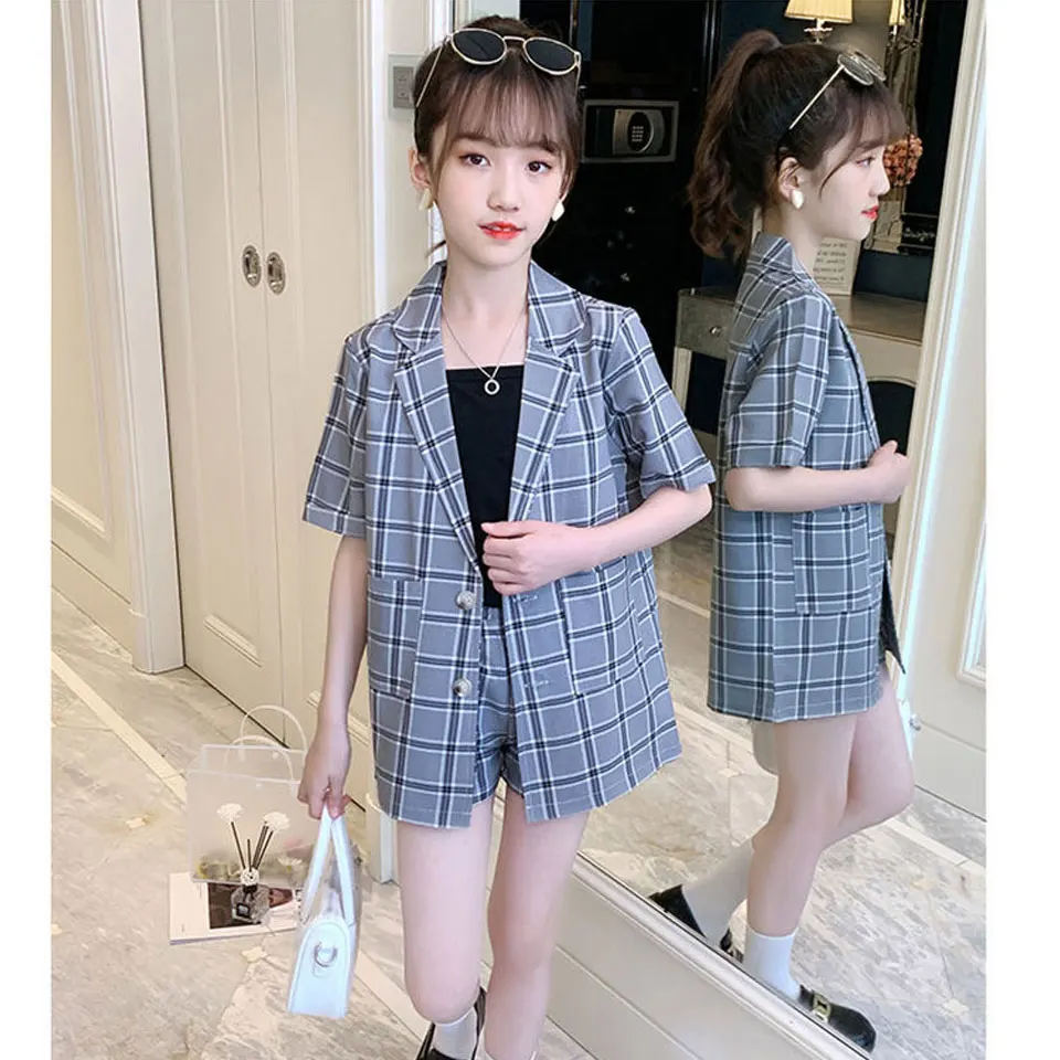 Summer Baby Girls Clothes Set Plaid Formal Suit Short Sleeve t-shirt+Shorts 3 Pcs/Set Children Clothing Outfits For 4 6 8 10 12
Summer Baby Girls Clothes Set Plaid Formal Suit Short Sleeve t-shirt+Shorts 3 Pcs/Set Children Clothing Outfits For 4 6 8 10 12