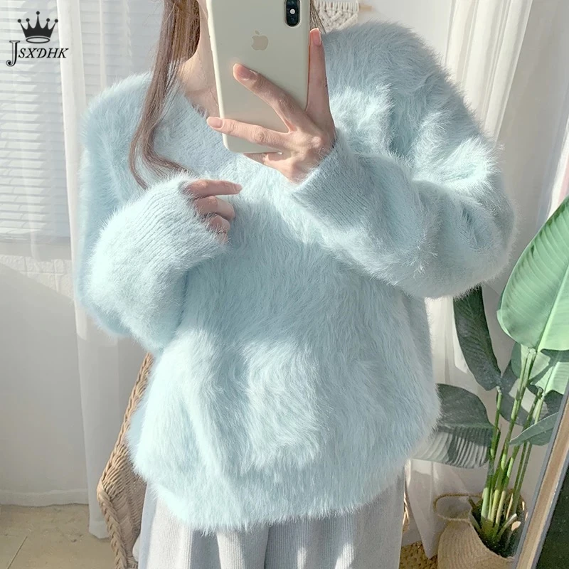 2021New Women Gentle Sweater pullovers V-Neck Lake Blue Knit Autumn Warm Long Sleeve Mink Cashmere Crop Loose Sweater Winter
2021New Women Gentle Sweater pullovers V-Neck Lake Blue Knit Autumn Warm Long Sleeve Mink Cashmere Crop Loose Sweater Winter