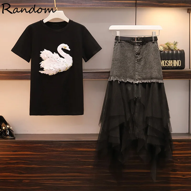 Plus Size XL-5XL Women's Suit Swan Embroidery T Shirt And Mesh Gauze Denim Skirt Summer 2 Piece Set 2021 Matching Outfit Clothes
Plus Size XL-5XL Women's Suit Swan Embroidery T Shirt And Mesh Gauze Denim Skirt Summer 2 Piece Set 2021 Matching Outfit Clothes