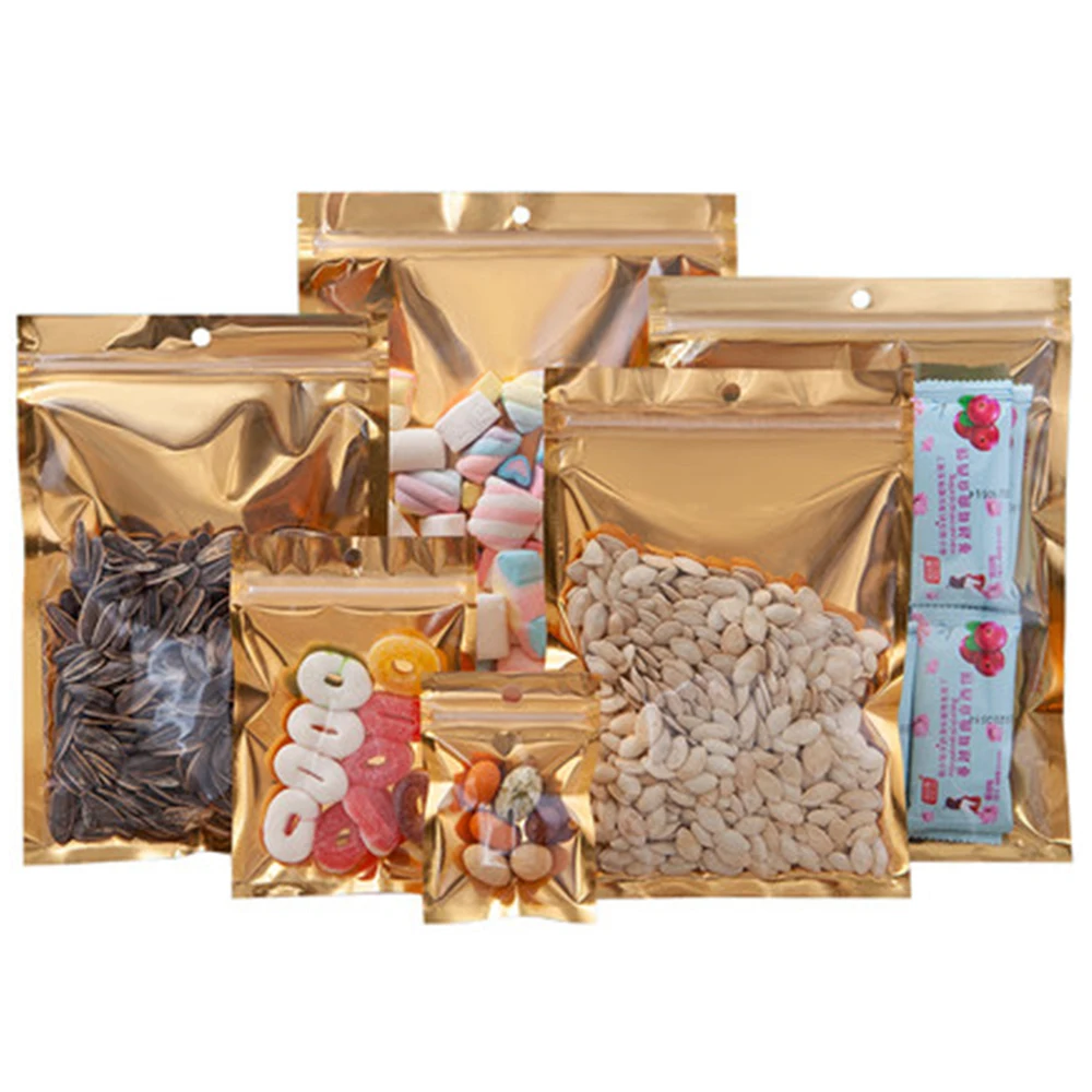 100Pcs/Lot Clear Gold Aluminum Foil Zip Lock Bag with Hang Hole Self Grip Seal Tear Notch Reusable Food Gift Storage Pouches
100Pcs/Lot Clear Gold Aluminum Foil Zip Lock Bag with Hang Hole Self Grip Seal Tear Notch Reusable Food Gift Storage Pouches