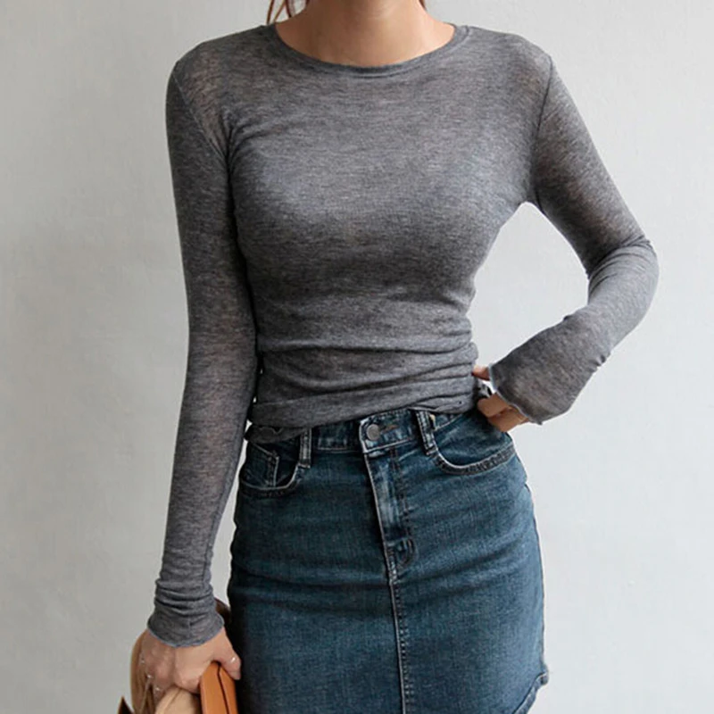 New Cotton Elastic Basic T-shirts Sexy Slim High Quality Solid T Shirt Women Casual Tops Thin See Through T-shirt Female 6006 
New Cotton Elastic Basic T-shirts Sexy Slim High Quality Solid T Shirt Women Casual Tops Thin See Through T-shirt Female 6006