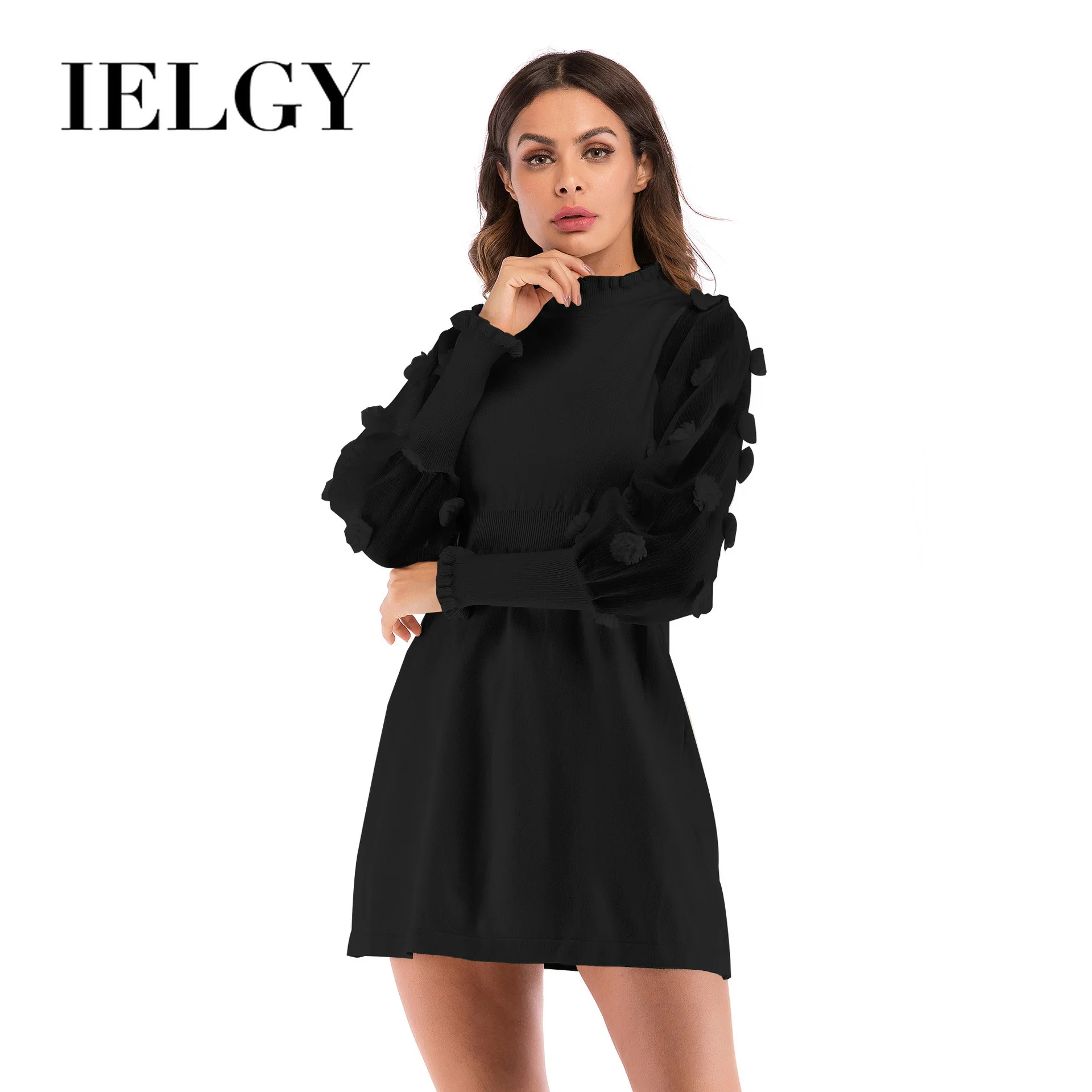 

IELGY A-line Dress Female long-sleeved mesh gauze receiving waist was thin knit Fashion comfortable bottoming woman