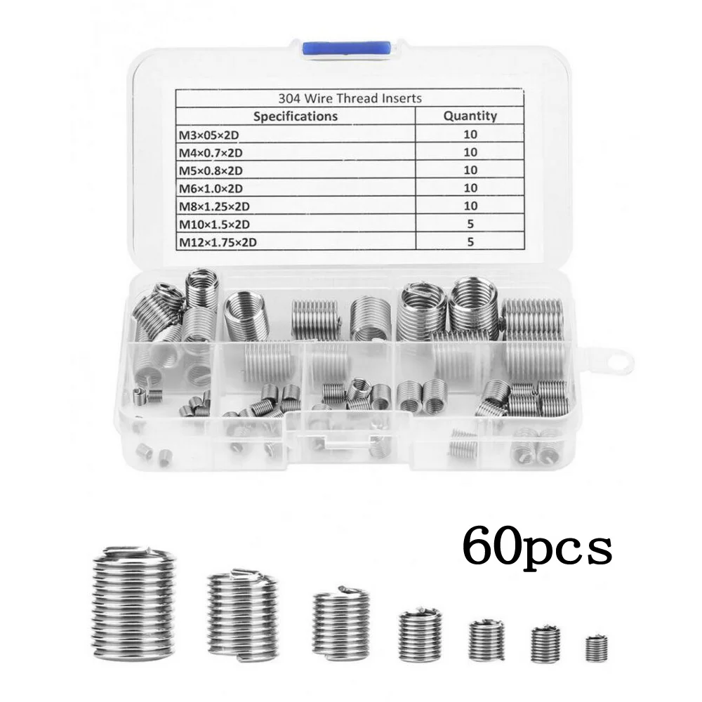 Metric Wire Thread Insert Replacement 60pcs M3-M12 Silver Kit Accessories