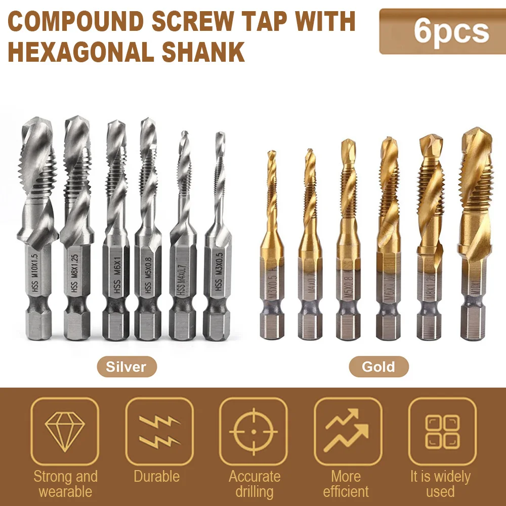 6Pcs Hex Shank Titanium Plated HSS Screw Thread Metric Tap Drill Bits Screw Machine Compound tap M3 M4 M5 M6 M8 M10 Hand Tools
6Pcs Hex Shank Titanium Plated HSS Screw Thread Metric Tap Drill Bits Screw Machine Compound tap M3 M4 M5 M6 M8 M10 Hand Tools