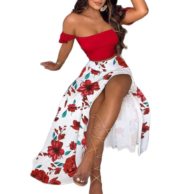 Women Floral Dot Print Sexy Off Shoulder Strapless Top+Split Long Skirt 2 piece Set Dress Summer New Boho Vintage Long Vestidos 
Women Floral Dot Print Sexy Off Shoulder Strapless Top+Split Long Skirt 2 piece Set Dress Summer New Boho Vintage Long Vestidos