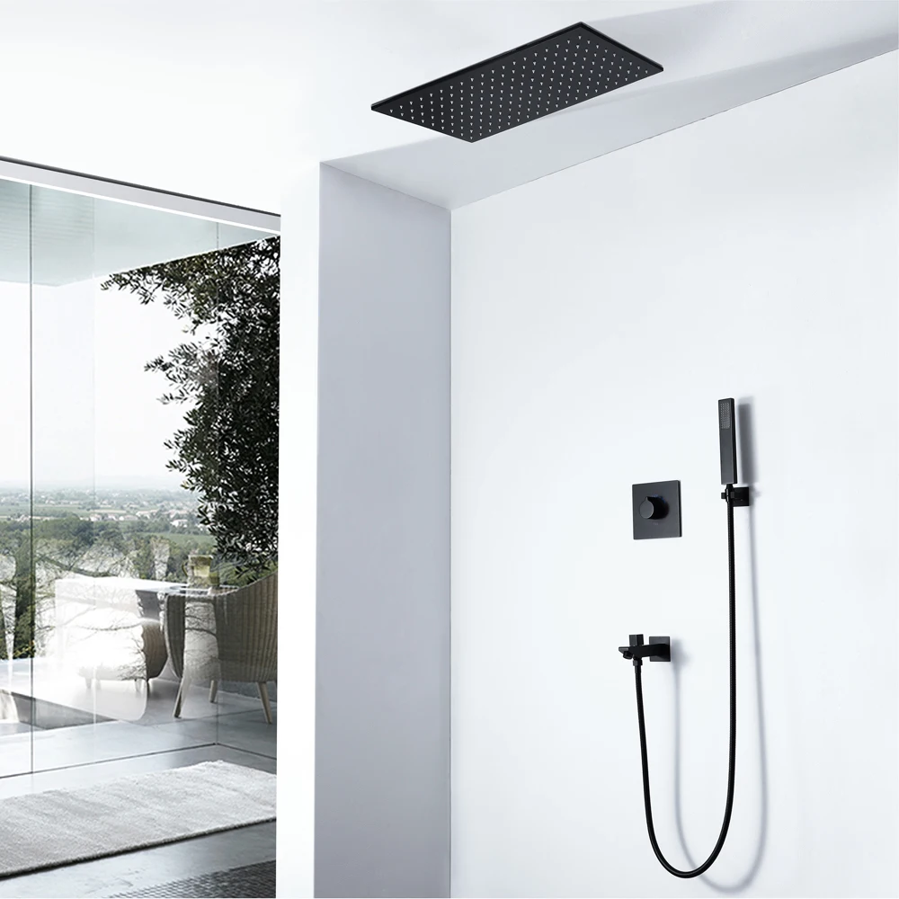 

Rainfall LED Shower Head Rectangle Black 595x300mm Water Power Light Shower Faucets Sets Ceiling Bathroom Rain Showers