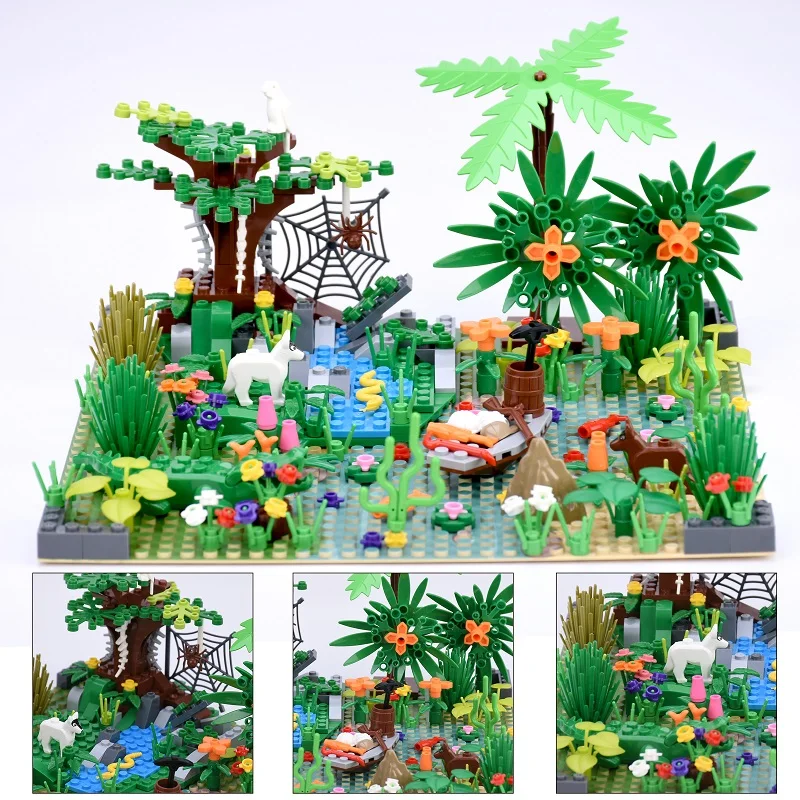 

Oasis Jungle Shoal Scene Building Blocks Forest Animal Coconut Tree Fishing Boat Model Assembling Decoration Kids Bricks Toys