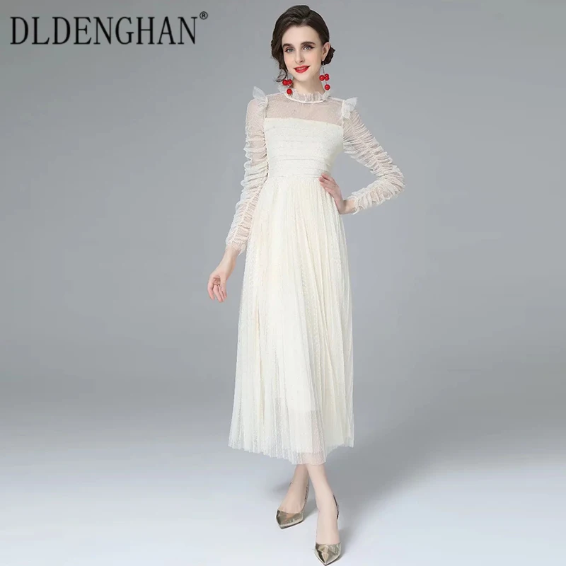DLDENGHAN Fashion Runway Designer Autumn Mesh Dress Women Stand Collar Pile up Sleeves Ruffle Dot Elegant Party Pleated Dresses
DLDENGHAN Fashion Runway Designer Autumn Mesh Dress Women Stand Collar Pile up Sleeves Ruffle Dot Elegant Party Pleated Dresses