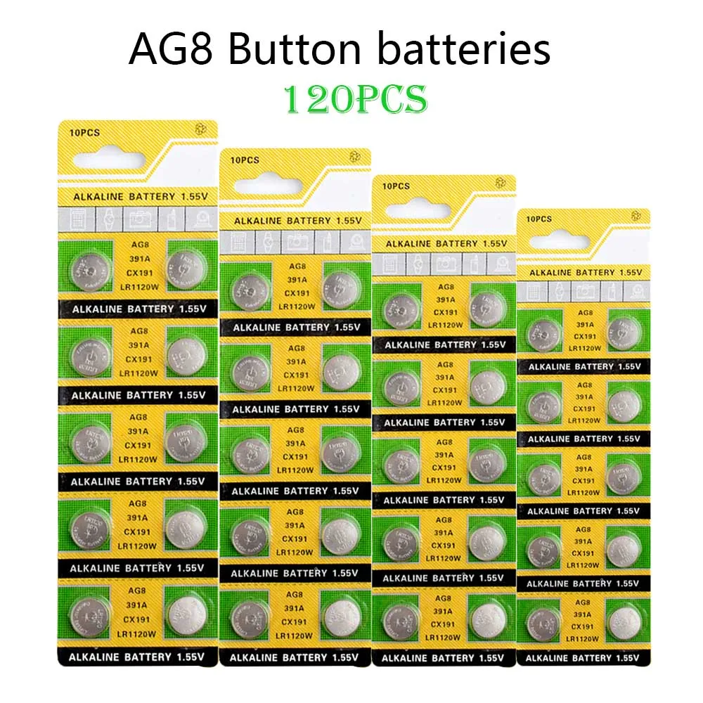 AG8 AG 8 45mAh 120pcs 1.55V Alkaline Button Battery LR1120 391 SR1120 191 LR55 LR1120W CX191 Coin Cell For Watch Toy Control
AG8 AG 8 45mAh 120pcs 1.55V Alkaline Button Battery LR1120 391 SR1120 191 LR55 LR1120W CX191 Coin Cell For Watch Toy Control