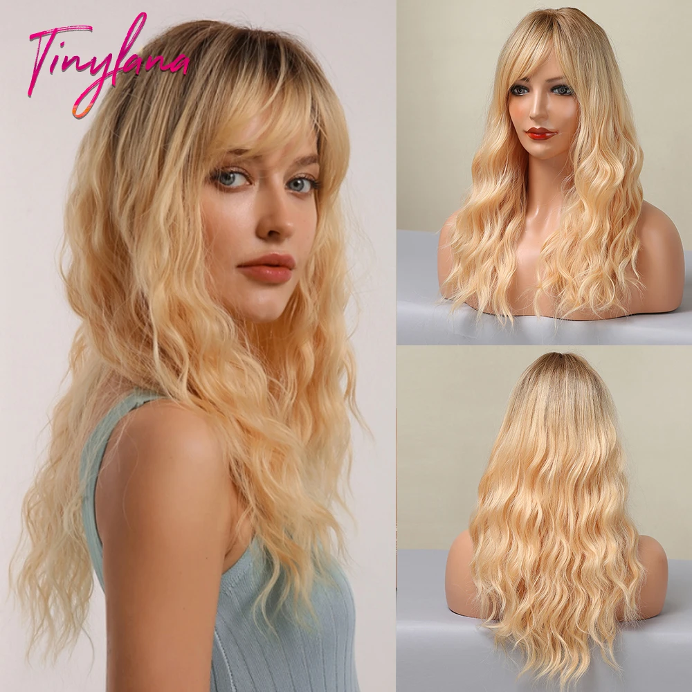 

TINY LANA Long Ombre Brown Blonde Synthetic Wigs With Bangs Water Wave Wigs For Women Natural Cosplay Daily Party Heat Resistant