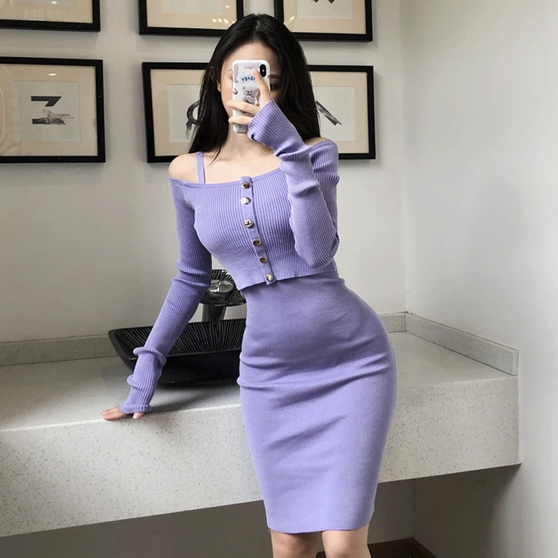 Autumn Solid Matching Sets Slim Purple Strap Wrap Hip Knitted Dress Mini Slim O Neck Long Sleeve Knitted Cardigan Thin Sweaters
Autumn Solid Matching Sets Slim Purple Strap Wrap Hip Knitted Dress Mini Slim O Neck Long Sleeve Knitted Cardigan Thin Sweaters