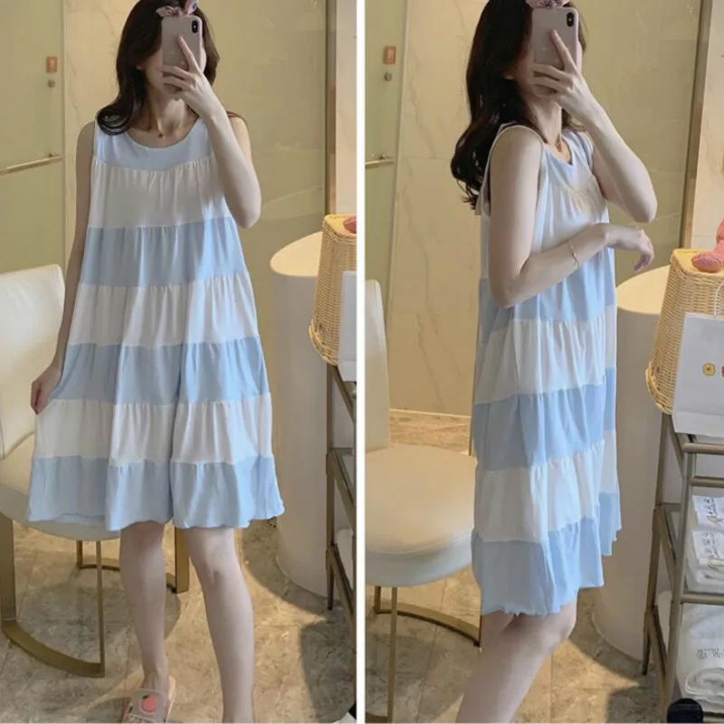 Nightgowns Women Sweet Leisure Sleeveless Striped Sleepwear Summer Girls Korean Style Pleated Sleepshirts Skin-friendly Popular
Nightgowns Women Sweet Leisure Sleeveless Striped Sleepwear Summer Girls Korean Style Pleated Sleepshirts Skin-friendly Popular