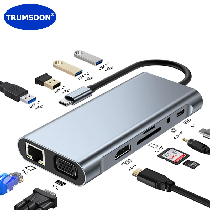 TRUMSOON Type C to RJ45 Gigabit Lan 4K HDMI-compatible VGA SD TF USB 3.0 C Aux Dock Hub for MacBook Samsung S20 Dex Xiaomi 10 TV
TRUMSOON Type C to RJ45 Gigabit Lan 4K HDMI-compatible VGA SD TF USB 3.0 C Aux Dock Hub for MacBook Samsung S20 Dex Xiaomi 10 TV