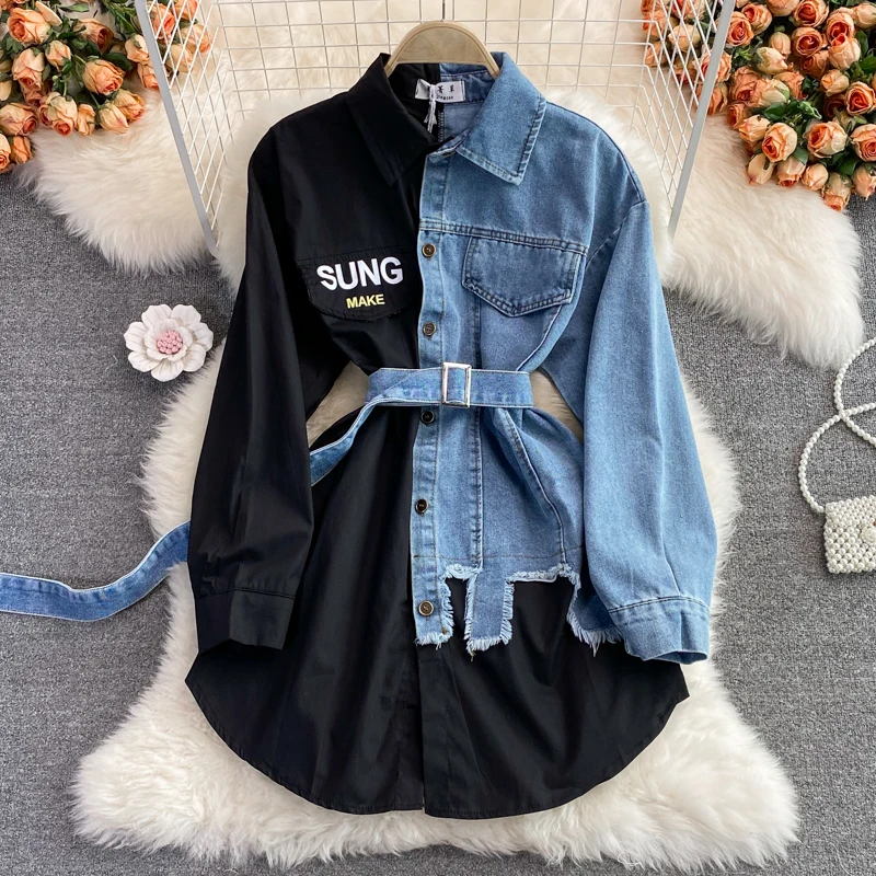 Vintage Patchwork Blouse Women Long Sleeve Denim Blouse With Belt Spring Autumn Korean Fake Two Piece Tops Jeans Shirts
Vintage Patchwork Blouse Women Long Sleeve Denim Blouse With Belt Spring Autumn Korean Fake Two Piece Tops Jeans Shirts