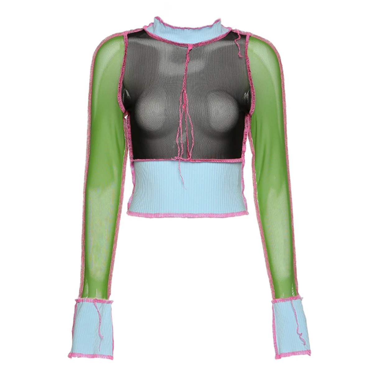 Female T-Shirt Round Neck Long Sleeve Crop Top See-Through Blouses for Women