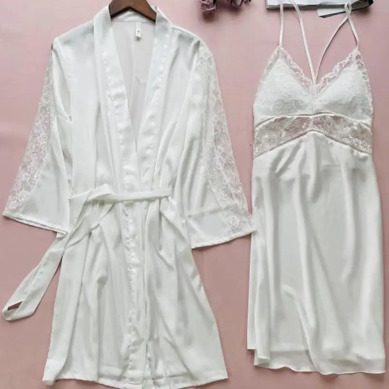 

Twinset Robe Gown Set Lace Satin Sleepwear Bridal Bathrobe Chemise Nightgown Suit Bridesmaid Wedding Morning Intimate Lingerie