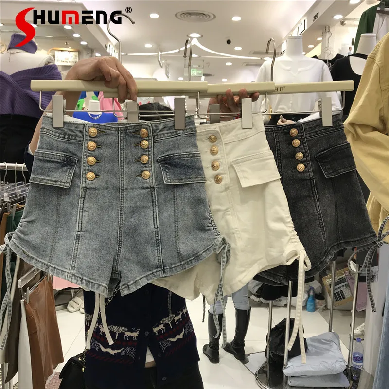 Double Row Gold Buckle High Waist Denim Shorts Women's Two Sides Sexy Pleated Drawstring Slimming Hip Wrap Short Jeans Feminino
Double Row Gold Buckle High Waist Denim Shorts Women's Two Sides Sexy Pleated Drawstring Slimming Hip Wrap Short Jeans Feminino