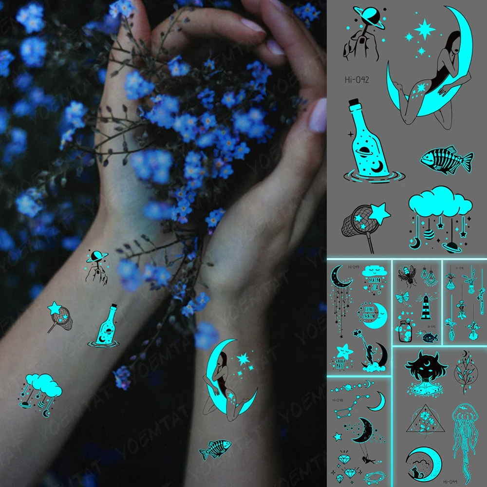 Luminous Tattoo Sticker Bottle Fish Moon Waterproof Temporary Tatoo Rose Planet Sexy Finger Neck Tatto Small Body Art Men Women
Luminous Tattoo Sticker Bottle Fish Moon Waterproof Temporary Tatoo Rose Planet Sexy Finger Neck Tatto Small Body Art Men Women