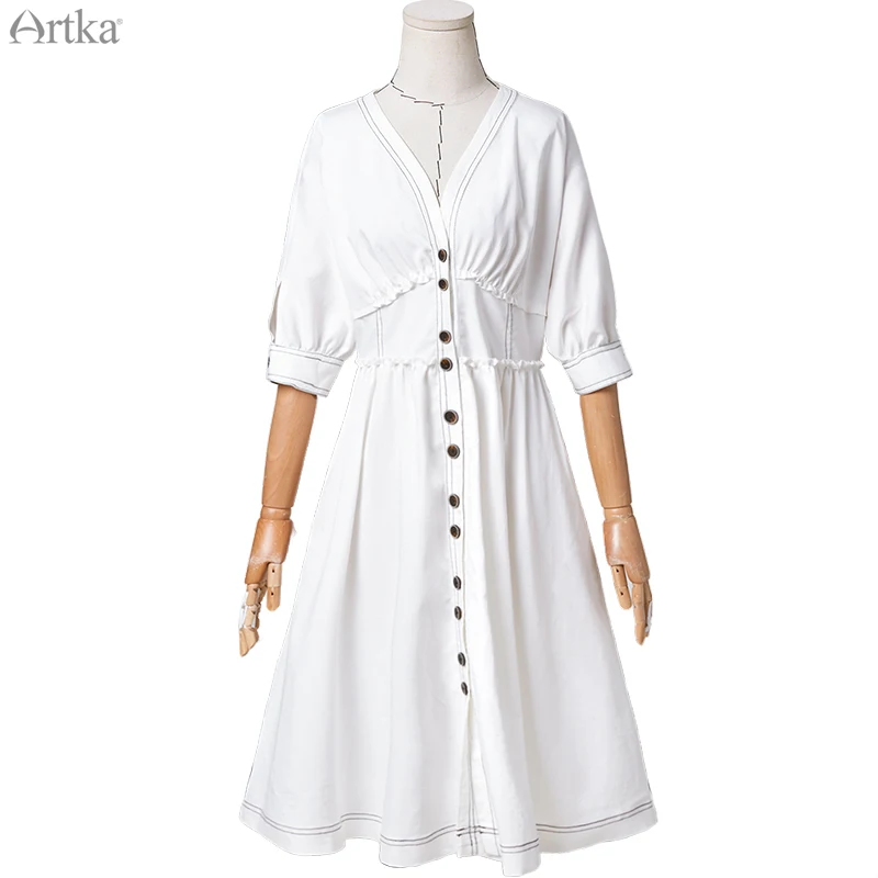 ARTKA 2020 Summer New Women Dress Elegant Retro French V-Neck White Dresses Single-breasted Short Sleeve Dress Women LA25701X
ARTKA 2020 Summer New Women Dress Elegant Retro French V-Neck White Dresses Single-breasted Short Sleeve Dress Women LA25701X