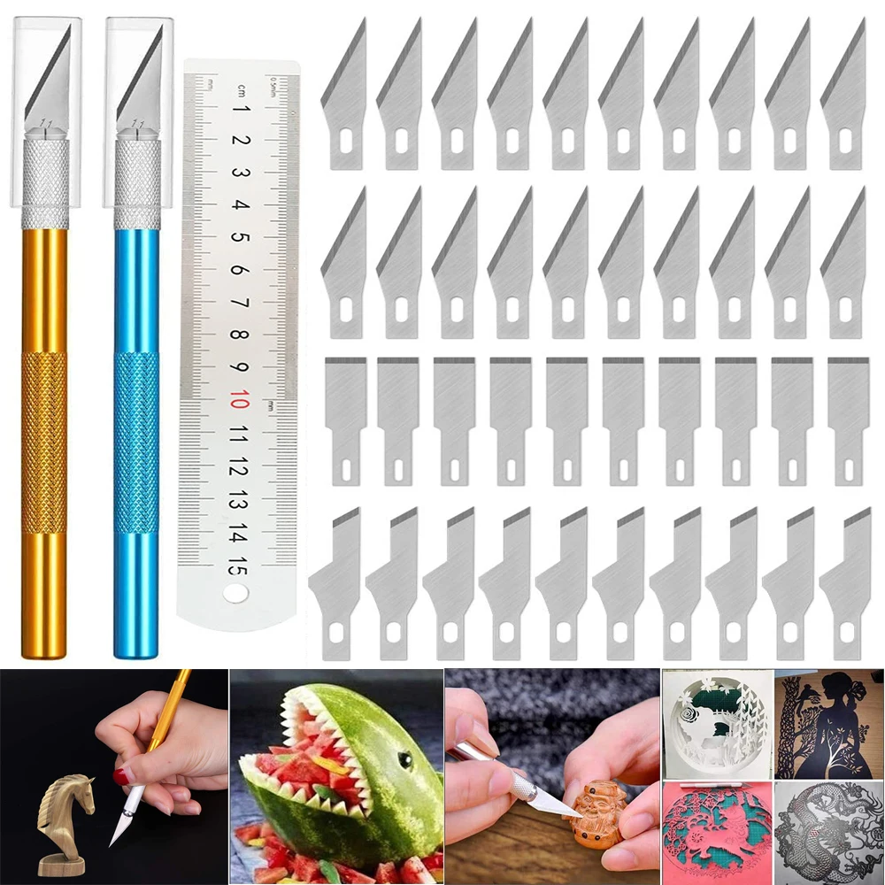 2 Pcs Carving Precision Exacto Craft Knives with 40Pcs Spare Exacto Blades and 1Pcs Ruler Hobby for DIY Art Scrapbooking Stencil
2 Pcs Carving Precision Exacto Craft Knives with 40Pcs Spare Exacto Blades and 1Pcs Ruler Hobby for DIY Art Scrapbooking Stencil